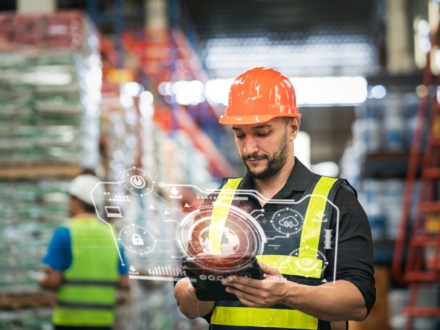 Professional manager man employee using tablet check stock working at warehouse. Worker wearing high visibility clothing and a hard hat, helmet and checking and count up goods or boxes for delivery.