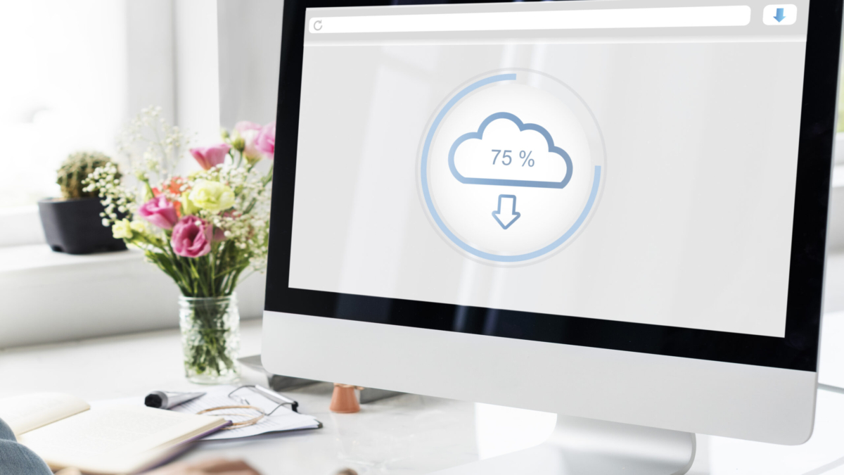 Cloud storage concept with digital data icons, cloud computing infrastructure, and secure data management.