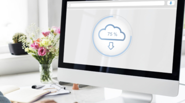 Cloud storage concept with digital data icons, cloud computing infrastructure, and secure data management.