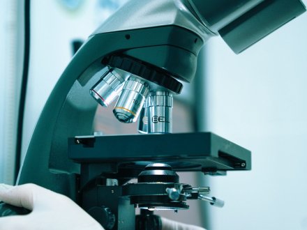 Gloved hand operating a laboratory microscope